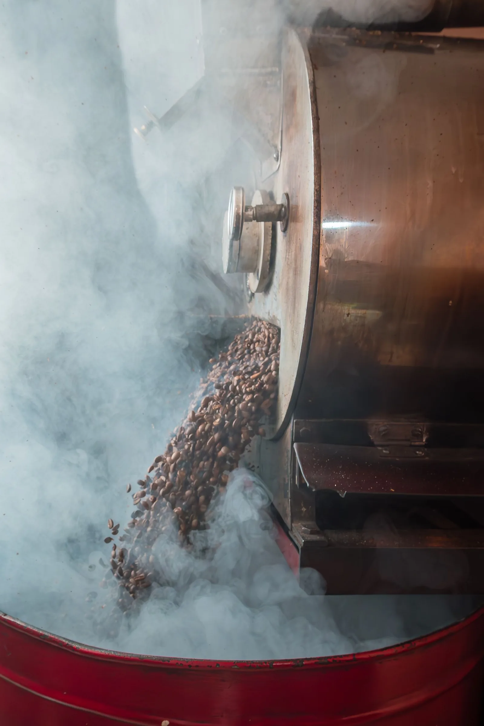 Roasted beans pouring out of the drum