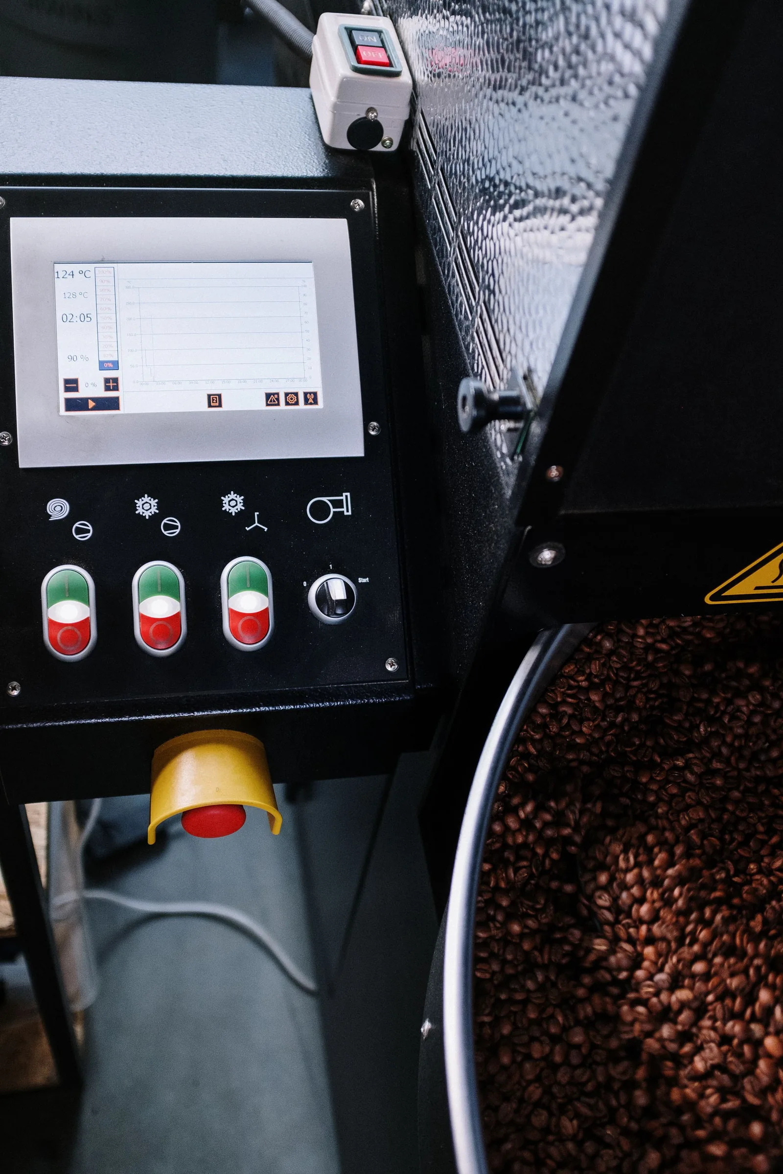 The control panel of the drum roaster
